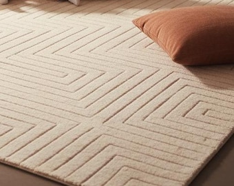 Abstract ivory Hand Knotted Wool Moroccan Rug 8x10: Beige Berber Shag rug, Bohemian 9x12 large Area rug, 12x15 Custom oversize Carpet