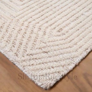 8 x 10 ivoorbeige vloerkleden met geometrisch gestreept ontwerp | Abstract handgeknoopt designtapijt | Neutrale accenten Woonkamertapijt wasbare loper op maat