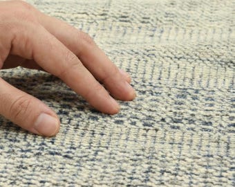 8x10 Ivory Blue Hand Knotted Wool 6x9 Neutral Rug:  Large area Stripe Modern Moroccan Minimalist Design Cream Beige Geometric Custom Sizes