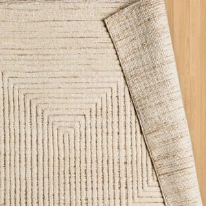 8 x 10 ivoorbeige geometrisch gestreept ontwerptapijt | Crèmekleurig handgeknoopt designtapijt | Neutrale accenten Woonkamertapijt wasbaar loper op maat