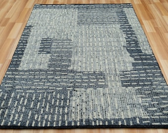 Hand Knotted Wool Area Rug: Moroccan Boho Blue Denim Design