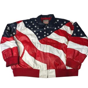 Michael Hoban WhereMI 90s Vtg USA Flag Leather Bomber Jacket - 4XL