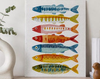 Visborduurpakket voor beginners, moderne sardines kustkruissteek, doe-het-zelf oceaandecor kunst aan de muur