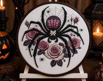 May include: A circular embroidery hoop featuring a detailed black spider with a purple and pink patterned abdomen, surrounded by embroidered pink roses and a spider web on a white fabric background, mounted on a small white wooden easel stand.