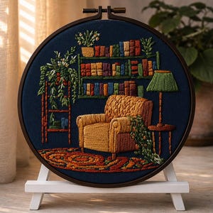 Puede incluir: Una detallada pieza de arte bordado que representa un rincón de lectura acogedor. La escena incluye un sillón amarillo, una estantería llena de libros coloridos, una lámpara verde y plantas en macetas. La obra de arte está sobre un fondo azul oscuro y se exhibe en un caballete blanco.