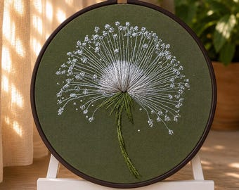 Puede incluir: Un bastidor de bordado artesanal con un diseño de diente de león blanco sobre tela verde oscuro. El diente de león está intrincadamente bordado con hilo blanco, y el tallo es verde. El bastidor se exhibe en un pequeño caballete blanco.