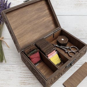 Handcrafted Wooden Embroidery Organizer Box: Floral Engraved Sewing Storage