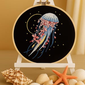 Rainbow Flower Jellyfish Embroidery Kit, Sea Animal Embroidery Kit, Modern Embroidery Kit, Floral Jellyfish Needlepoint Set, Marine design