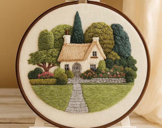 Beginner Embroidery Kit: Forest Cottage Flower Door, DIY Home Decor
