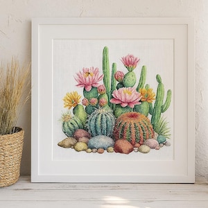 Cactus Cross Stitch Kit with Colorful Blooming Flowers, Plant DIY Embroidery Kit for Beginners & Advanced, Home Decor Handcraft