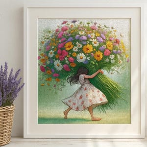 Cross Stitch Kit Girl with Giant Bouquet, Floral Embroidery Kit for Adults, Modern Wall Art, DIY Hand Embroidery Gift, Home decor