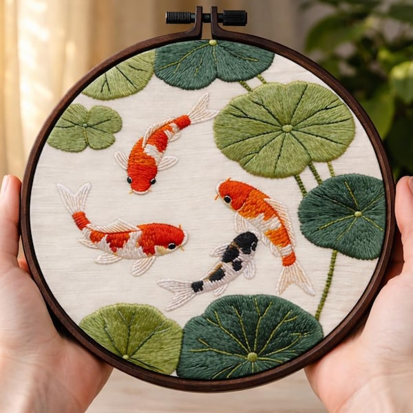 Koi Fish Embroidery Kit for Beginners, DIY Satin Stitch Starter Kit, Floral Pond Hand Embroidery, DIY Wall Art, Gift for crafters