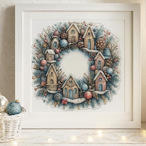 Christmas Wreath Cross stitch Kit, Holiday Village Pattern for DIY Winter Decor, Beginner Friendly Embroidery Kit, DIY Xmas decoration
