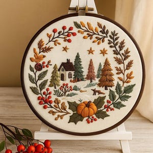 Autumn Landscape Embroidery Kit for Beginners with Hoop, Cozy Home Satin stitch DIY Kit, Cozy Forest cottage, DIY Fall Home decor