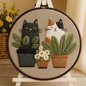 Cats and Plants Design Embroidery Ki for beginners, DIY Cute Animal Satin stitch Kit, DIY Housewarming gift, Cat lovers gift