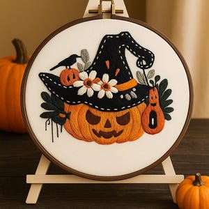 Halloween Pumpkin in Witch Hat Embroidery Kit for Beginners, DIY Halloween decoration, Spooky Autumn DIY Decor, Halloween Stitching Kit