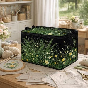 May include: A rectangular storage bin with a black base featuring a vibrant green botanical print of ferns and yellow wildflowers. The bin has a zippered lid and black fabric handles on the sides, designed for organizing craft supplies.