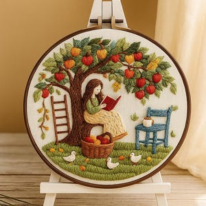 Apple Tree Embroidery Kit, Girl Reading Under Tree, DIY Hand Embroidery, Autumn Fall Satin Stitch Kit, Book Lovers, Cozy Home Decor Hoop Art