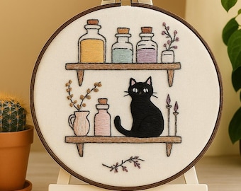 Kit de Bordado Gato Preto para Iniciantes: Decoração de Casa Faça Você Mesmo com Tema de Bruxa