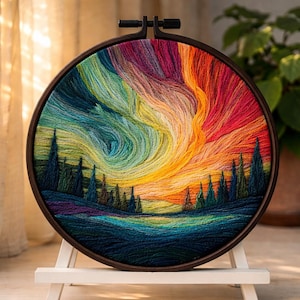 以下が含まれることがあります： カラフルな風景画が施された丸い刺繍枠。 赤、オレンジ、黄色、青の渦巻く色合いの鮮やかな空が、濃い緑の森と青い湖の上に描かれています。 刺繍枠は小さな白いイーゼルに飾られています。