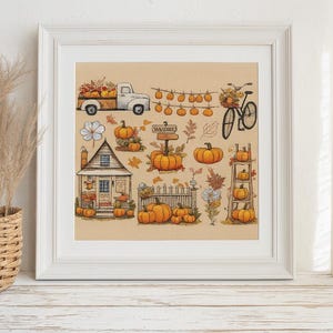 Autumn Pumpkin Sampler Cross stitch Kit, Pumpkins Cottage Truck Fall Florals, Cozy Fall Embroidery Kit for Beginners and Advanced