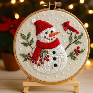 Christmas Snowman Embroidery Kit: Beginner Needlework Craft with Hoop
