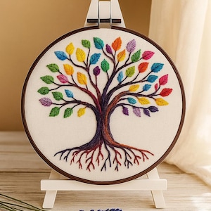 Tree of Life satin stitch Kit, Colorful Tree Embroidery Kit, DIY Hand Embroidery Pattern with Rainbow Leaves, Beginner Needlework Kit