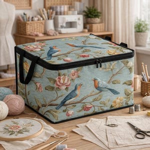 May include: A rectangular storage bag with a floral and bird design. The bag features a light blue background with pink roses, yellow flowers, and blue birds. It has a black zipper and handles.