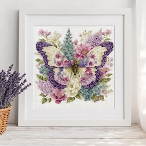 Butterfly and Flowers Cross Stitch Kit, Large Embroidery Pattern, DIY Needlework Gift for Her, Floral Wall Art Embroidery Kit, Home decor