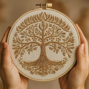 May include: A circular wooden embroidery hoop containing a piece of off-white fabric. The fabric features a detailed tree design stitched in metallic gold thread, showcasing intricate branches, leaves, and roots in a symmetrical pattern.