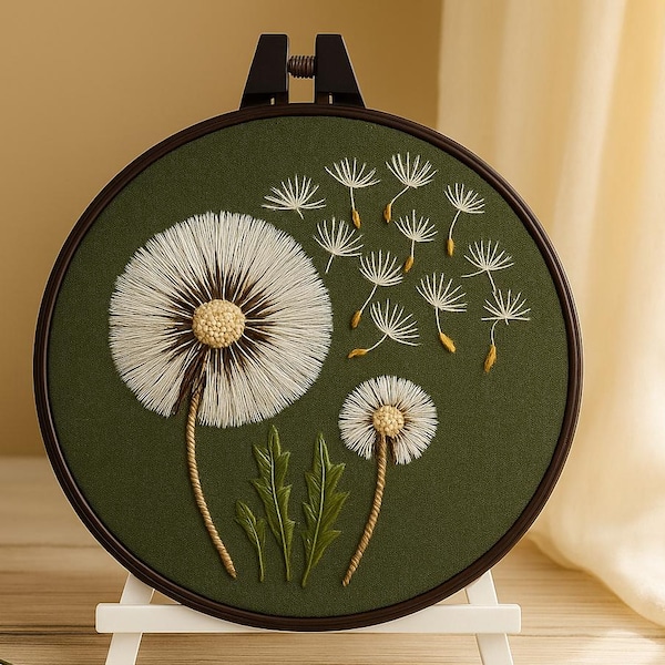Dandelion Embroidery Kit for beginners, DIY Floral Satin stitch Kit, Wildflower Embroidery Set, Handmade Cute Home decor, Gift for crafters