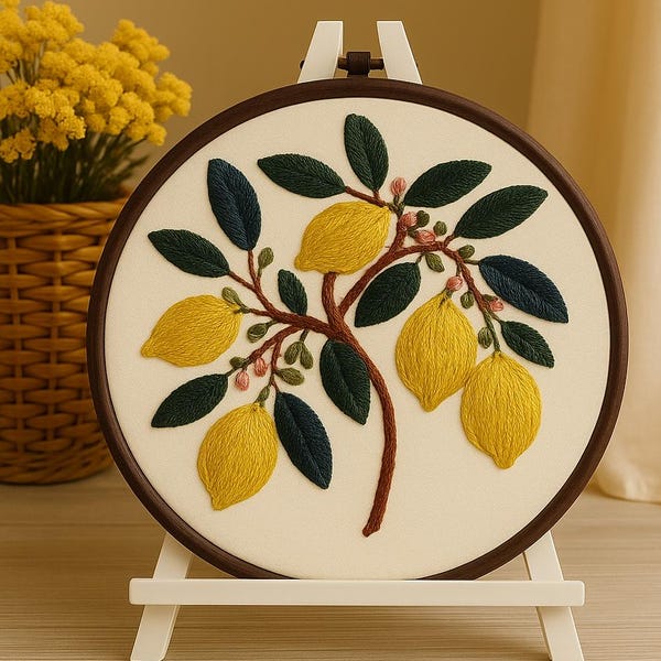 Zitronen Zweig Stickdatei, Stickpackung für Anfänger, DIY Citrus Küchen Wand Kunst, modernes Nadelspitzen Kit, DIY Wohndekor, Geschenk für Handarbeiter