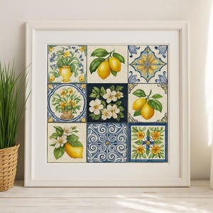 Mediterranean Lemon Cross Stitch Kit: Italian Tilework Sampler, DIY Needlepoint