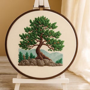 Pine Landscape Embroidery Kit for Beginners, , Nature Satin stitch Kit, DIY Needlework Gift, Japanese Tree Design, Botanical Wall Decor