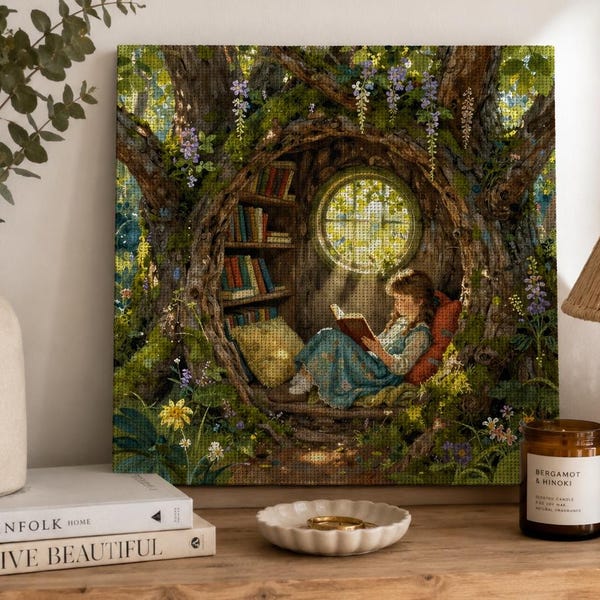 Reading Nook Cross Stitch kit, Book Lover Cross Stitch Kit, Enchanted Tree Library Embroidery Kit