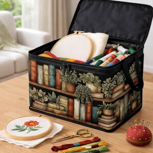 May include: A black rectangular storage bag with a printed design of bookshelves and potted plants. The open lid reveals embroidery hoops, fabric, and thread spools. Outside, a floral embroidery hoop, scissors, thread, and a pin cushion are visible.