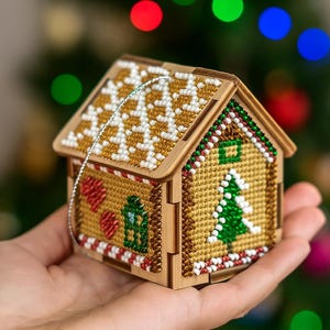 DIY Christmas Cross Stitch House Kit: Wooden Ornament, Beads & Cotton Threads