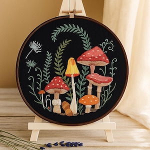 Mushroom Satin stitch Kit for Beginners, DIY Hand Embroidery with Botanical Forest Design on Black Fabric, Modern Nature Needlework Kit