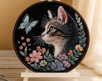 Pode incluir: Bordado redondo com o perfil de um gato com olhos azuis sobre um fundo preto. Uma borboleta azul clara e flores coloridas adornam a imagem. A obra de arte é exibida em um pequeno cavalete de madeira.