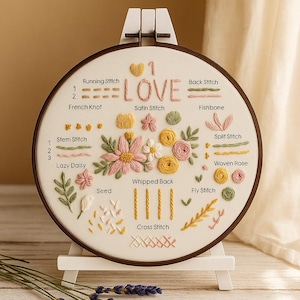 Hand Embroidery Sampler Kit for Beginners, Floral & Stitch Sampler, Modern Embroidery Hoop Art DIY Craft Kit, DIY adult hobby kit