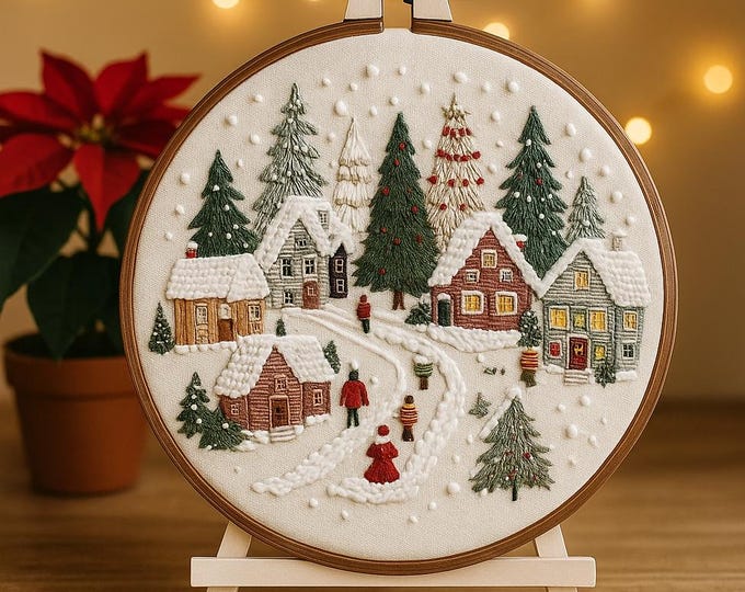 Christmas Embroidery Kit for Beginners: Cozy Winter Village Needlework