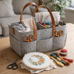 May include: A grey felt craft organiser with brown leather handles and pockets, filled with sewing supplies. Includes an embroidery hoop with floral design, scissors, thread, and a pin cushion. Perfect for storing and transporting craft materials.