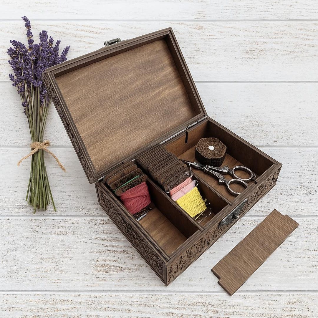 Handcrafted Wooden Embroidery Organizer Box: Floral Engraved Sewing ...