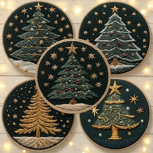 Set of 5 Christmas tree Embroidery Kits, DIY Christmas Decor, Holiday Embroidery Satin stitch set, DIY New Year Craft Kit, Christmas gift