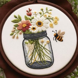 Bee Embroidery Kit for Beginners, Botanical Hand Embroidery kit, Floral Embroidery DIY kit, Wildflower Jar & Bee Embroidery satin stitch kit