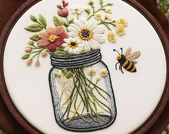 Borduurpakket bijen en wilde bloemen voor beginners: doe-het-zelf bloemendecor