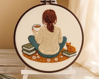 Op de afbeelding: Geborduurde hoepelkunst met een persoon met roodbruin haar, zittend en een mok vasthoudend, met een kat en boeken. Het kunstwerk wordt gepresenteerd op een wit schildersezel. De scène speelt zich af op een vloerkleed met bloemenpatroon.