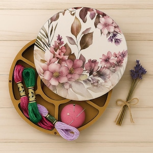 Floral Wooden Thread Organizer Box: Embroidery Floss Storage with Magnetic Lid