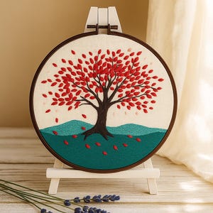 Autumn Red Tree Embroidery Kit for beginners, Tree of Life DIY Embroidery Kit, Satin stitch embroidery Set, Handmade Cozy Decor