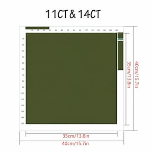 Puede incluir: Una pieza de tela cuadrada de color verde oliva para punto de cruz etiquetada como 11CT y 14CT. La imagen muestra l&iacute;neas de medici&oacute;n con dimensiones de 35cm/13.8in y 40cm/15.7in, junto con una escala de cuadr&iacute;cula numerada del 10 al 150.
